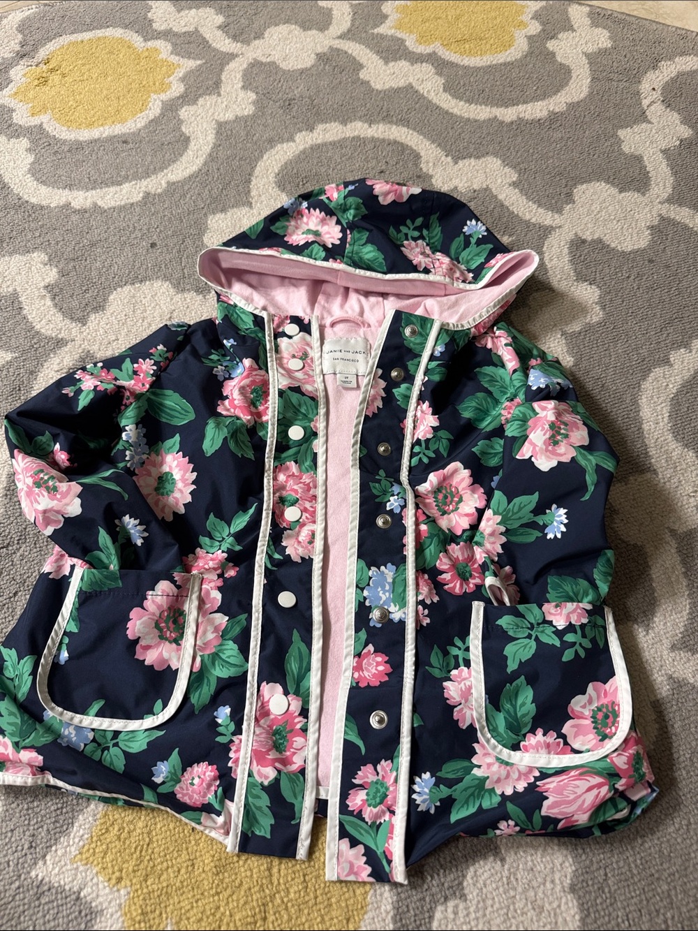 Janie and jack Navy Floral Hooded Raincoat with Pink & Green Accents